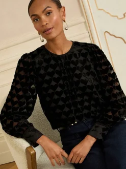 Love & Roses Black Heart Crew Neck Long Sleeve Burnout Blouse