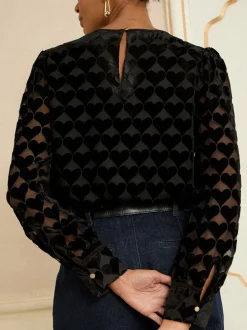 Love & Roses Black Heart Crew Neck Long Sleeve Burnout Blouse