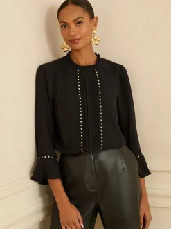 Love & Roses Black Heart Hardware Detail Flute Sleeve Blouse