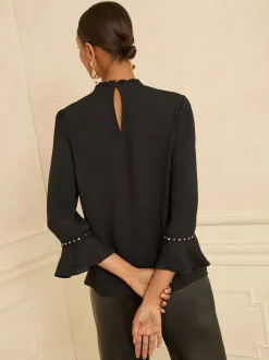 Love & Roses Black Heart Hardware Detail Flute Sleeve Blouse