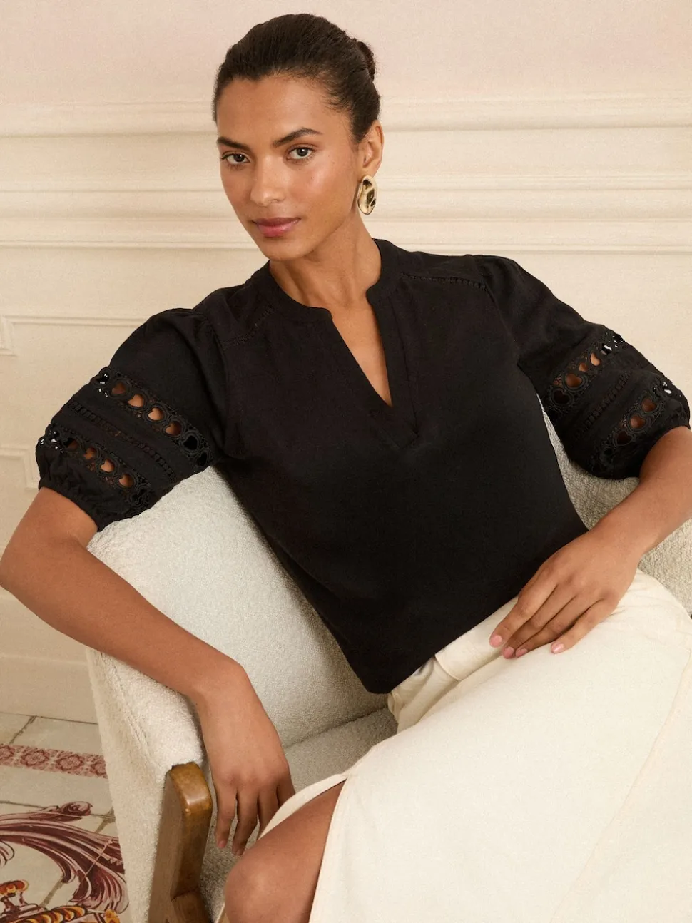 Love & Roses Black Heart Lace Insert V-Neck Jersey T-Shirt
