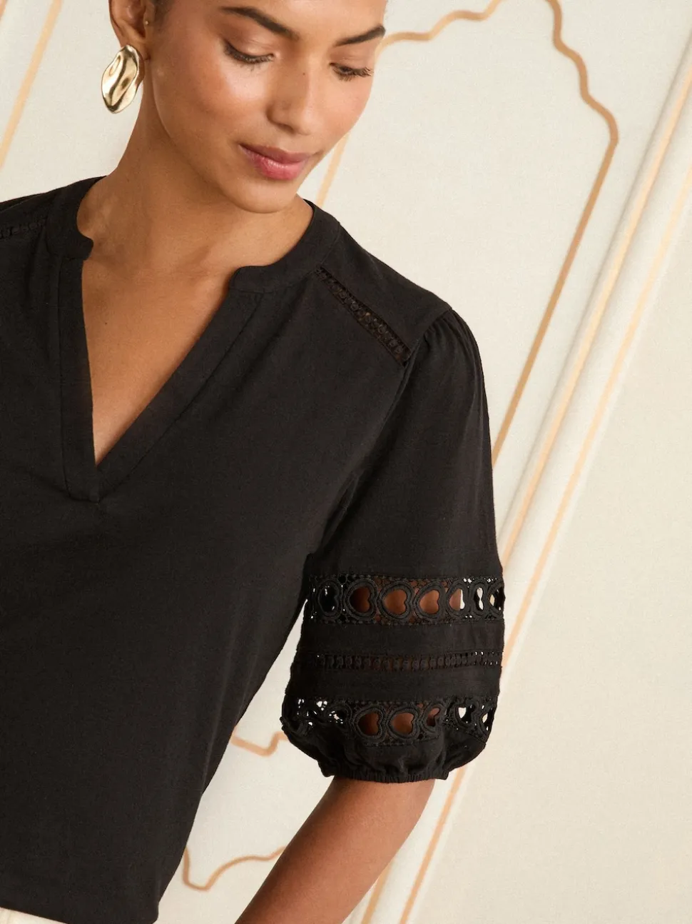Love & Roses Black Heart Lace Insert V-Neck Jersey T-Shirt