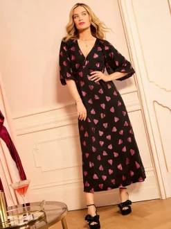Love & Roses Black Heart Metallic V-Neck Puff Sleeve Midi Dress