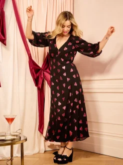 Love & Roses Black Heart Metallic V-Neck Puff Sleeve Midi Dress