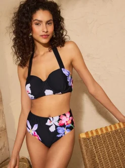 Love & Roses Black Iris Flower Tummy Control High Waisted Bikini Bottoms