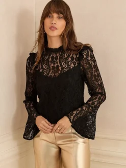 Love & Roses Black Lace Flute Sleeve Blouse