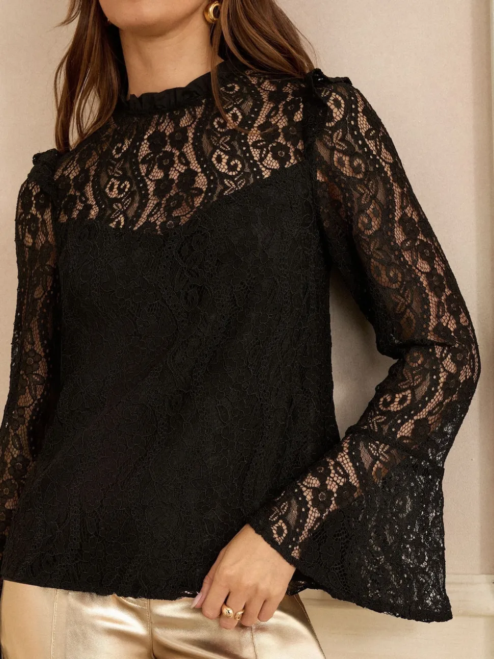 Love & Roses Black Lace Flute Sleeve Blouse