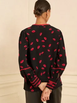 Love & Roses Black Lips Print Notch Neck Long Sleeve Blouse