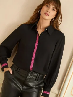 Love & Roses Black Long Sleeve Button Through Sequin Trim Shirt