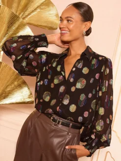 Love & Roses Black Metallic Spot Printed Long Sleeve Shirt