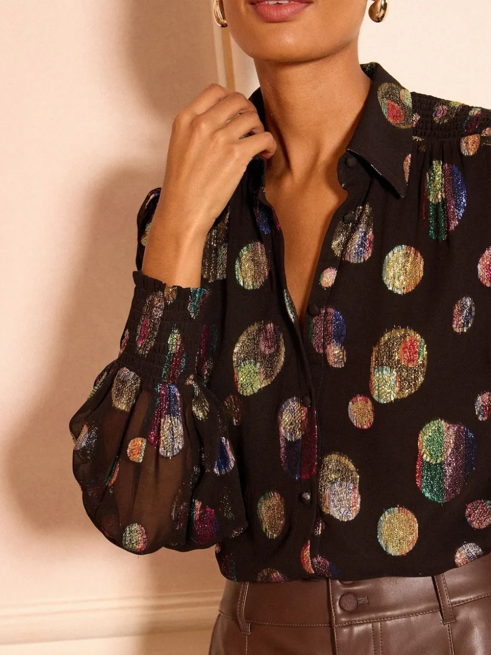 Love & Roses Black Metallic Spot Printed Long Sleeve Shirt