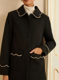 Love & Roses Black Mid Length Scallop Trim Dolly Coat