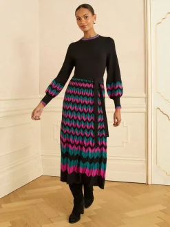 Love & Roses Black Multi Chevron Petite Scallop Knitted Midi Dress