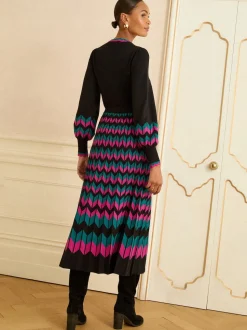 Love & Roses Black Multi Chevron Petite Scallop Knitted Midi Dress
