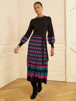 Love & Roses Black Multi Chevron Scallop Knitted Midi Dress