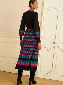 Love & Roses Black Multi Chevron Scallop Knitted Midi Dress