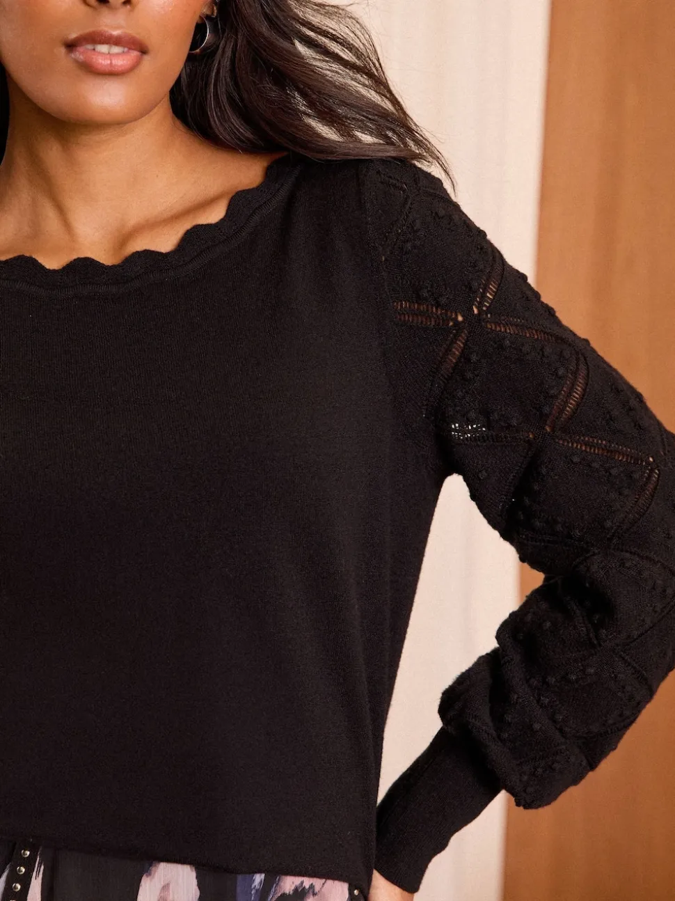 Love & Roses Black Petite Bobble Stitch Scallop Knit Jumper