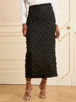 Love & Roses Black Petite 3D Floral Midi Skirt