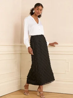 Love & Roses Black Petite 3D Floral Midi Skirt