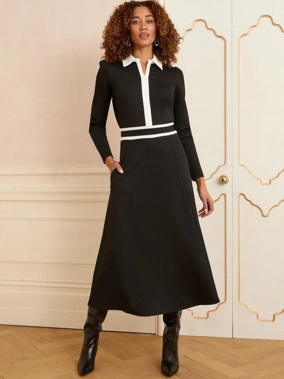 Love & Roses Black Ponte Contrast Trim Zip Front Long Sleeve Midi Dress