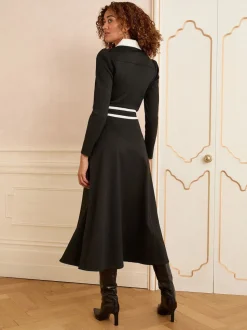 Love & Roses Black Ponte Contrast Trim Zip Front Long Sleeve Midi Dress