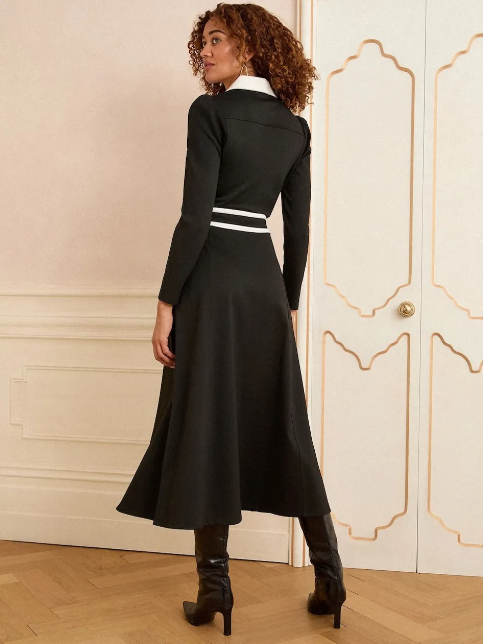 Love & Roses Black Ponte Contrast Trim Zip Front Long Sleeve Midi Dress