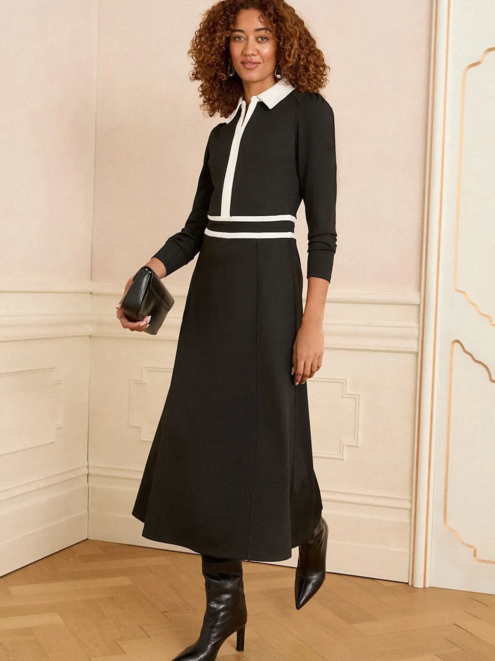 Love & Roses Black Ponte Contrast Trim Zip Front Long Sleeve Midi Dress