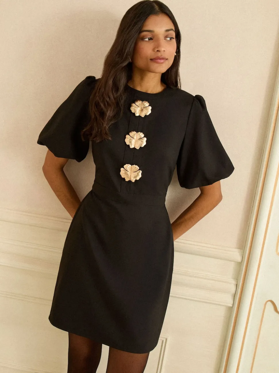 Love & Roses Black Puff Sleeve Gold Button Mini Dress