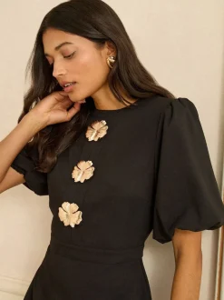 Love & Roses Black Puff Sleeve Gold Button Mini Dress