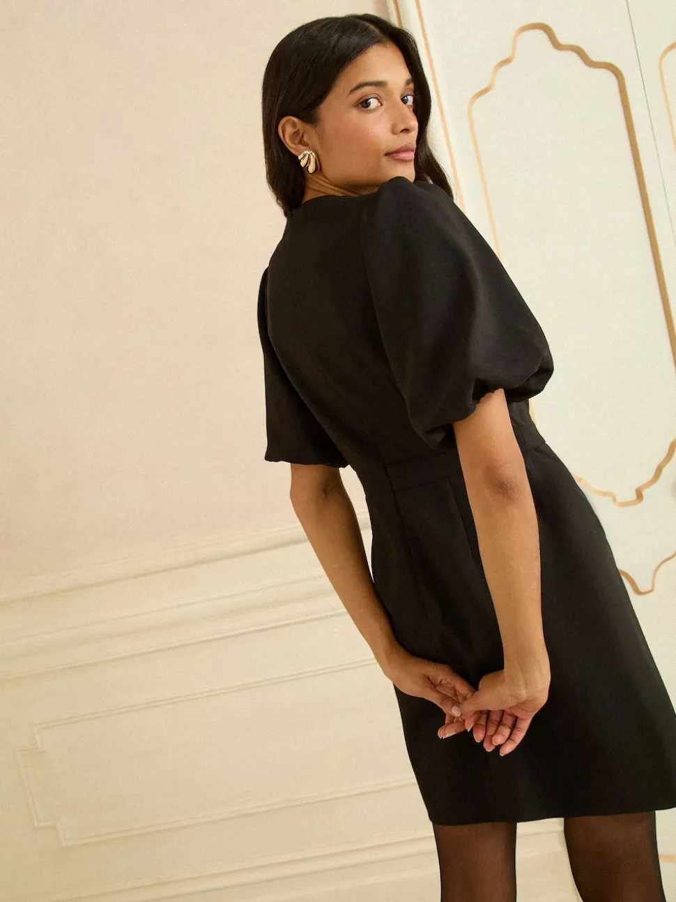 Love & Roses Black Puff Sleeve Gold Button Mini Dress