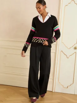 Love & Roses Black Rainbow Animal Stripe Print V-Neck Cosy Knit Jumper