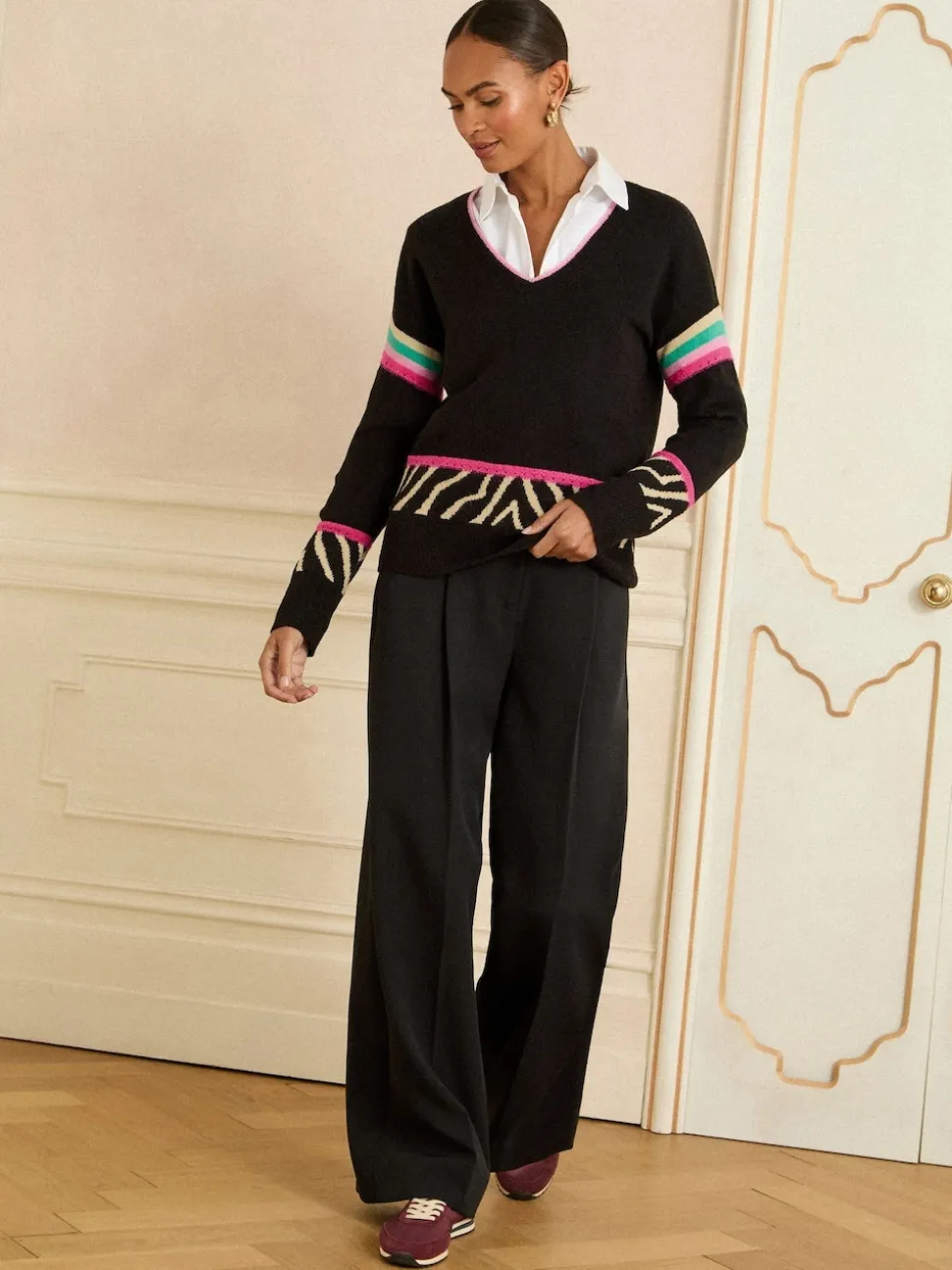 Love & Roses Black Rainbow Animal Stripe Print V-Neck Cosy Knit Jumper