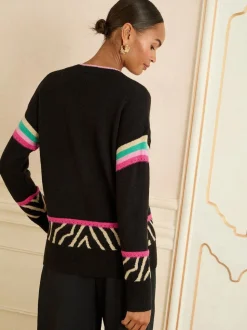 Love & Roses Black Rainbow Animal Stripe Print V-Neck Cosy Knit Jumper
