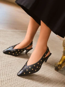 Love & Roses Black Real Leather Chisel Toe Slingback Smart Kitten Heel Court Shoes