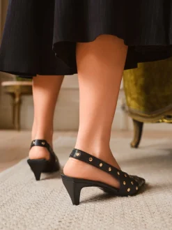 Love & Roses Black Real Leather Chisel Toe Slingback Smart Kitten Heel Court Shoes
