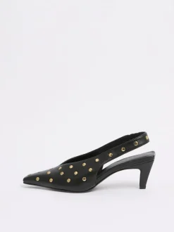 Love & Roses Black Real Leather Chisel Toe Slingback Smart Kitten Heel Court Shoes