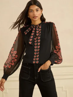 Love & Roses Black Red Heart Long Sleeve Pussybow Blouse