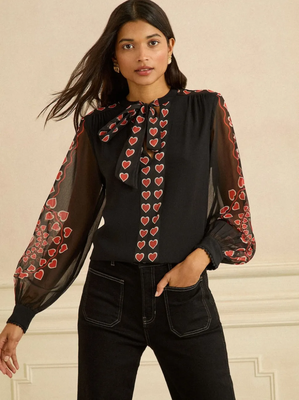 Love & Roses Black Red Heart Long Sleeve Pussybow Blouse