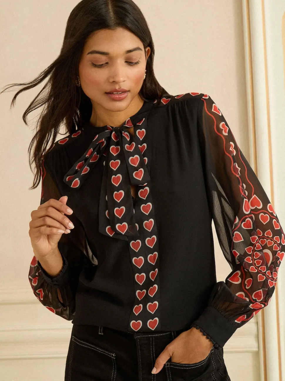Love & Roses Black Red Heart Long Sleeve Pussybow Blouse