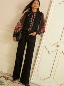 Love & Roses Black Red Heart Long Sleeve Pussybow Blouse