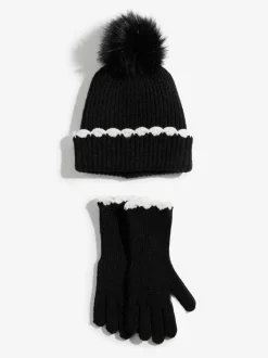 Love & Roses Black Scallop Trim Ribbed Pom Hat and Gloves Set