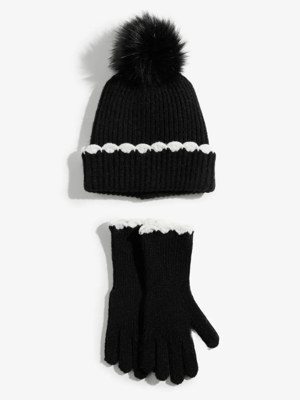 Love & Roses Black Scallop Trim Ribbed Pom Hat and Gloves Set