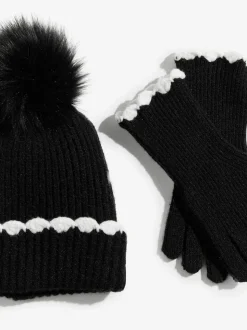 Love & Roses Black Scallop Trim Ribbed Pom Hat and Gloves Set
