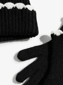 Love & Roses Black Scallop Trim Ribbed Pom Hat and Gloves Set