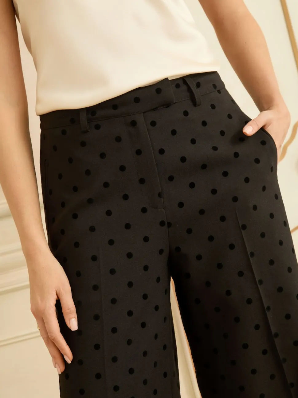 Love & Roses Black Spot Flocked Spot Wide Leg Trousers
