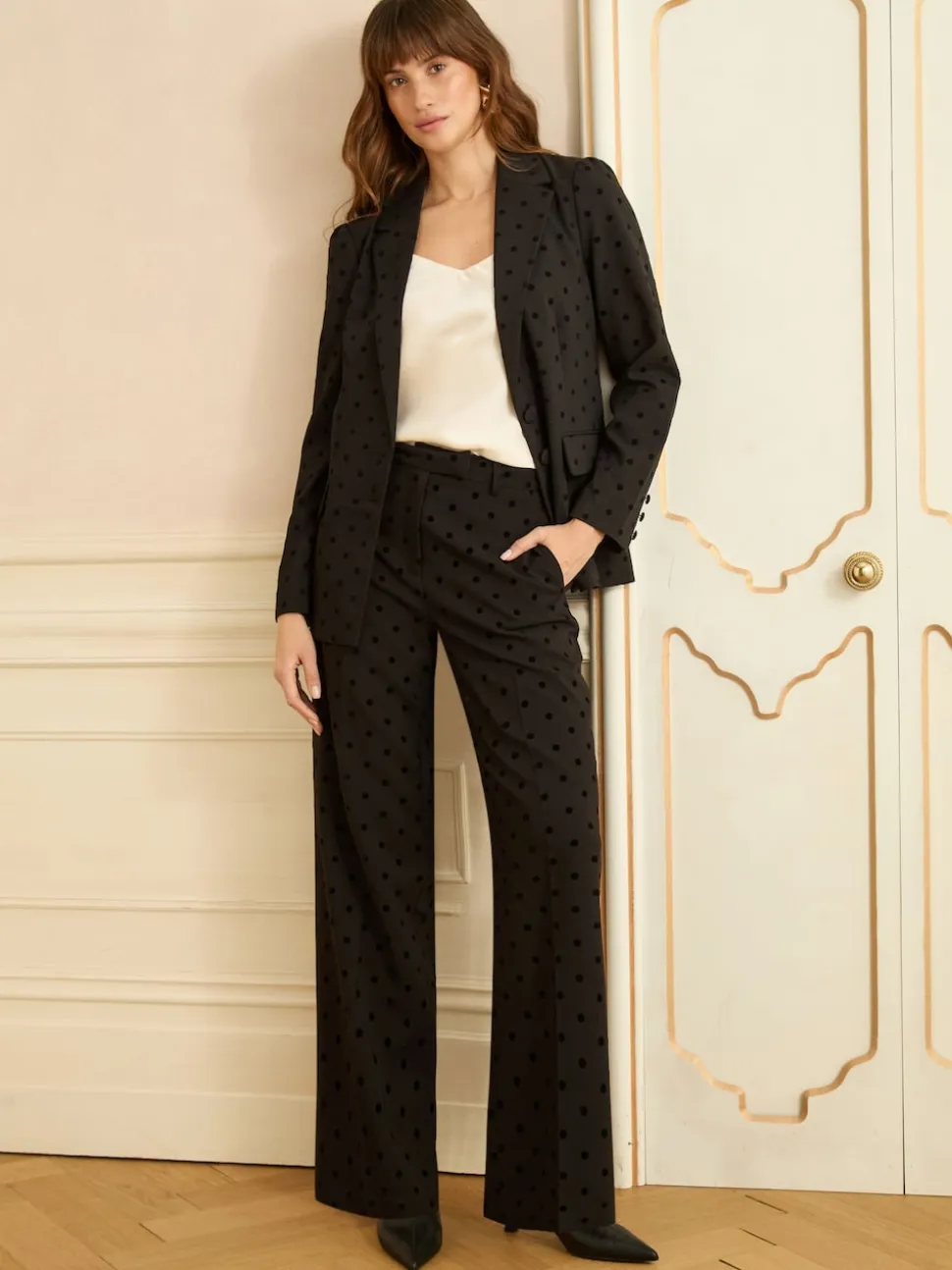 Love & Roses Black Spot Flocked Spot Wide Leg Trousers