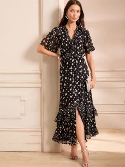 Love & Roses Black Spot Ruffle Maxi Dress