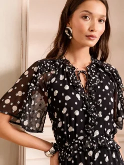 Love & Roses Black Spot Ruffle Maxi Dress