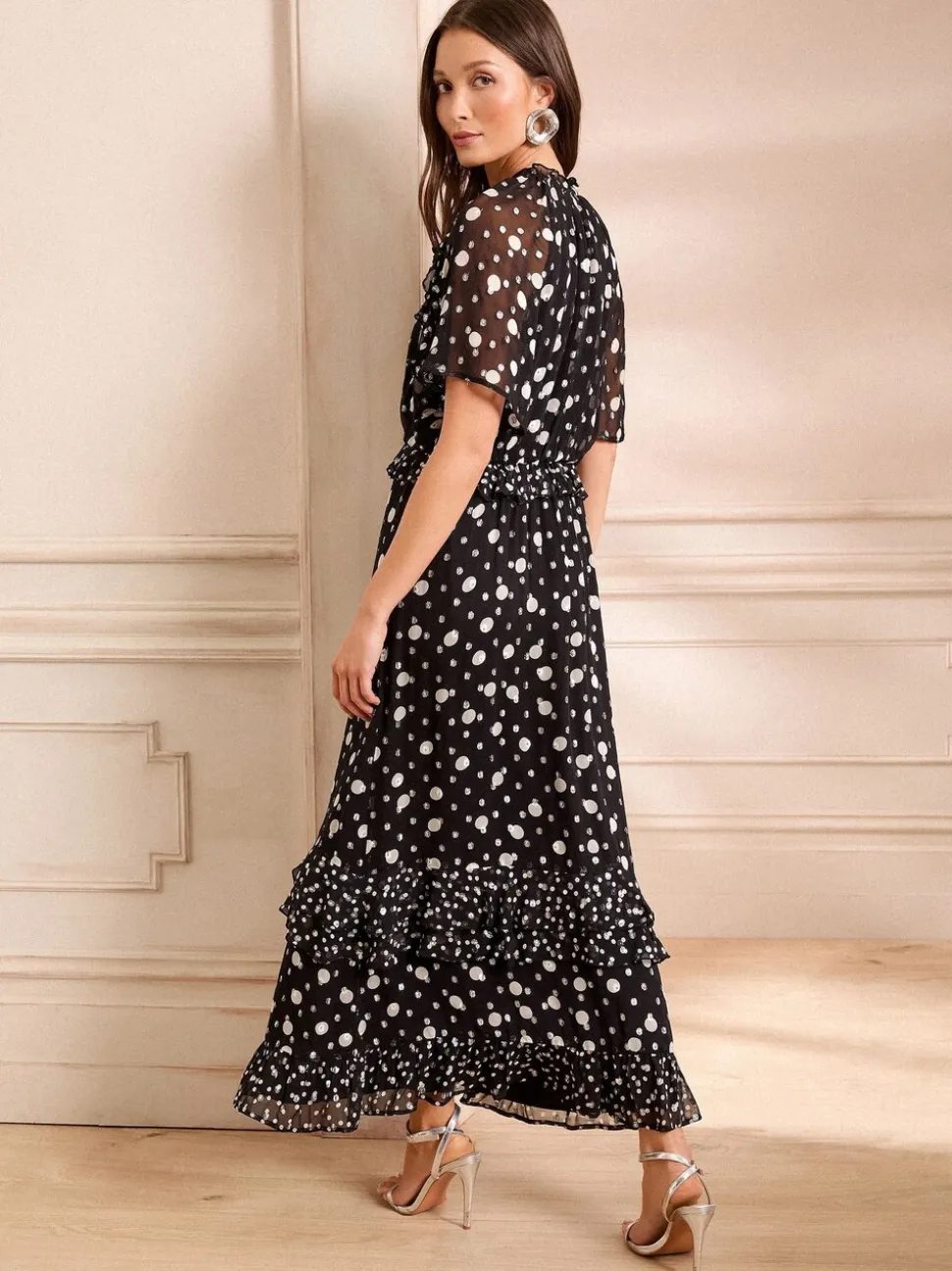 Love & Roses Black Spot Ruffle Maxi Dress