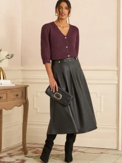 Love & Roses Black Tab Detail Fit and Flare Faux Leather Midi Skirt